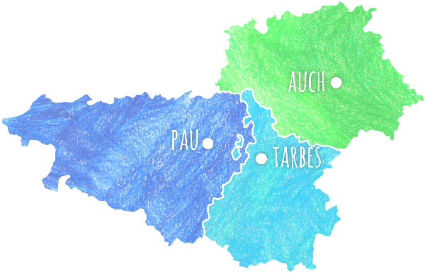 Carte des d&eacute;partements 32, 64 et 65